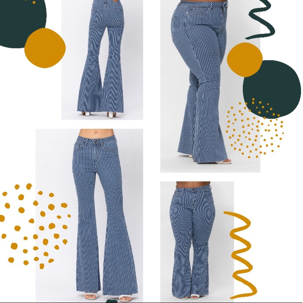 35" High Rise Blue White Striped Flare Pants